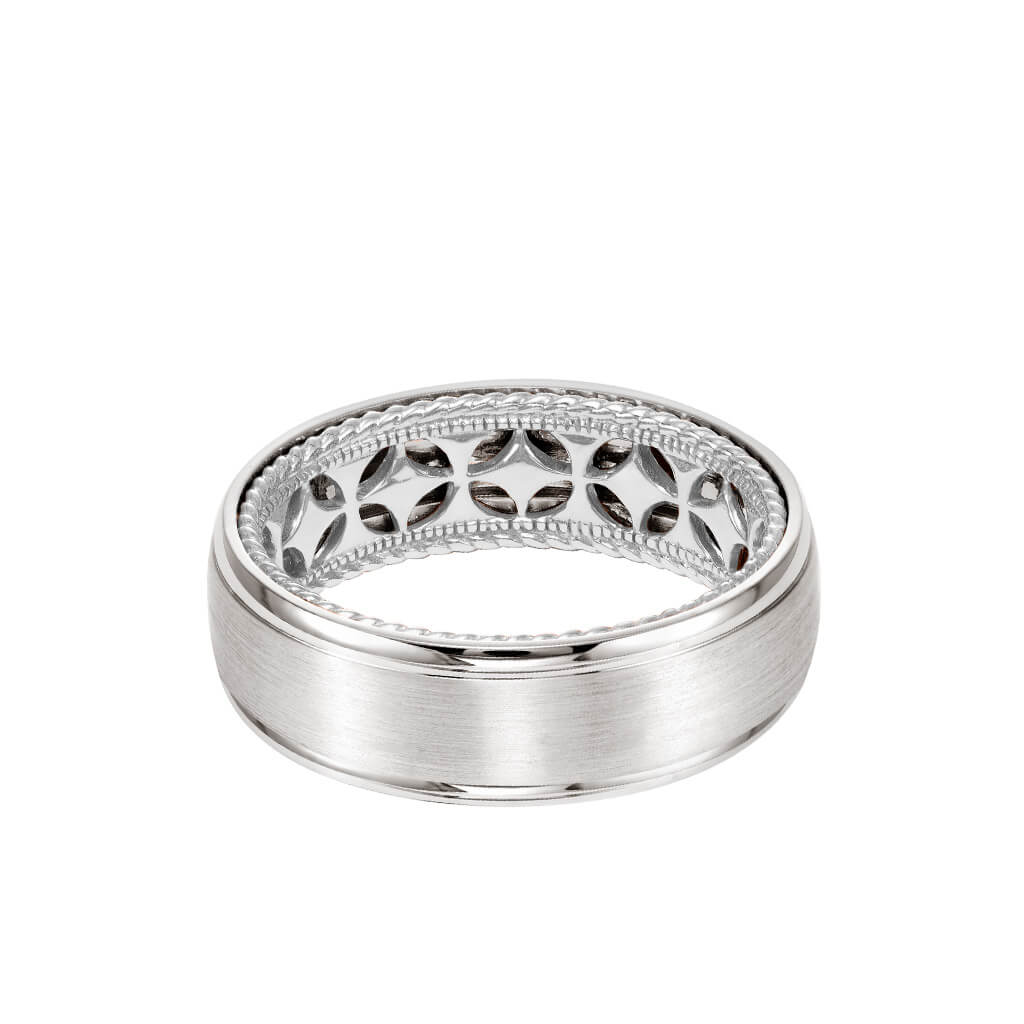 7MM Men&#39;s Contemporary Wedding Band - Bright Brush Finish and Round Edge with Inside Diamond Pattern and Rope Edge