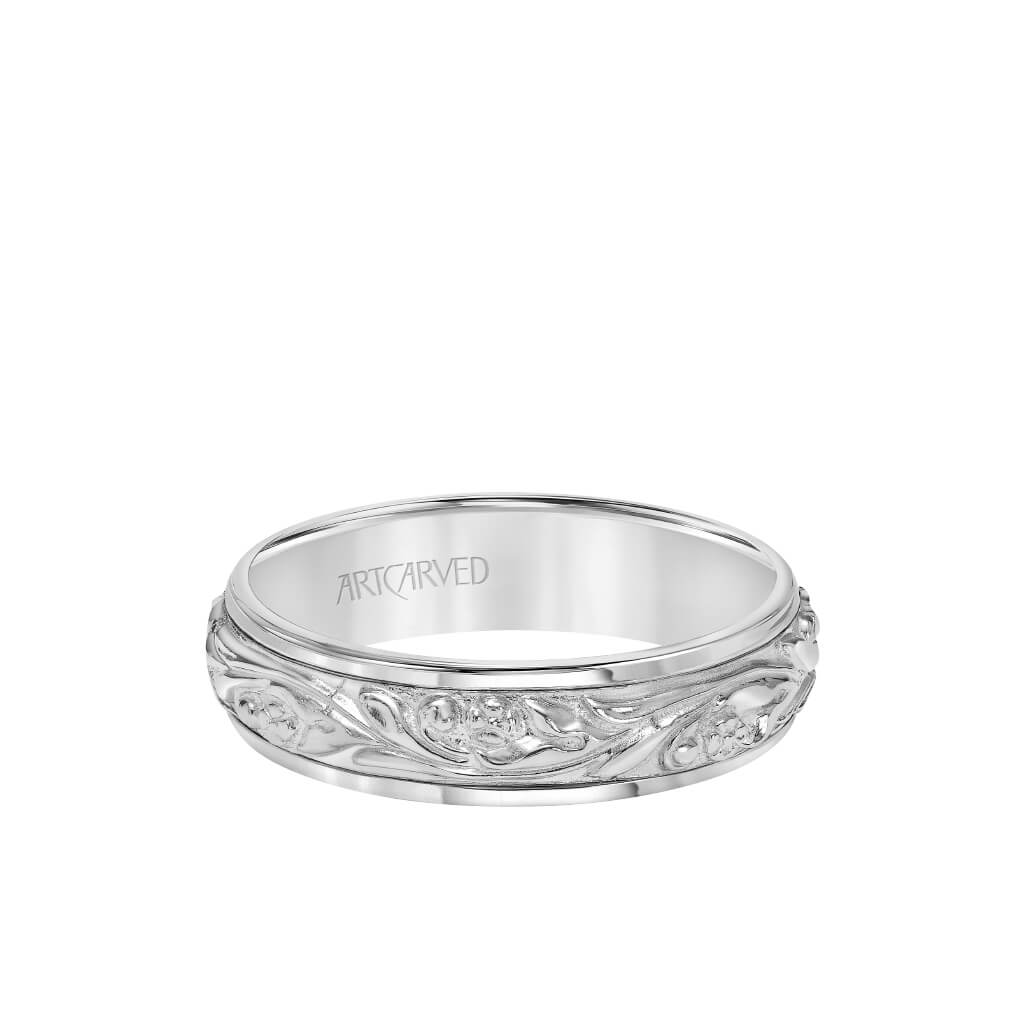 6MM Men&#39;s Wedding Band - Intricate Engraved Scroll Design and Rolled Edge