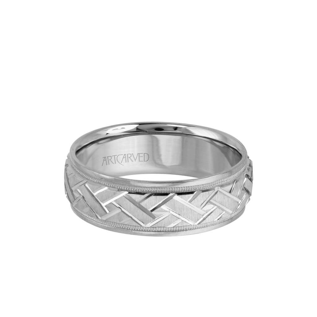 7MM Men&#39;s Classic Wedding Band - Criss-Cross Swiss Cut Engraved Design with Milgrain and Round Edge