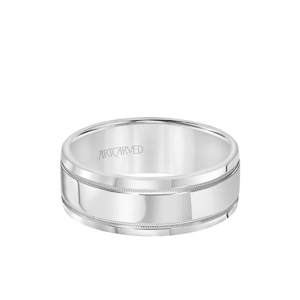 8MM Men&#39;s Classic Polished Wedding Band - Polished Finish with Milgrain Detail and Round Edge