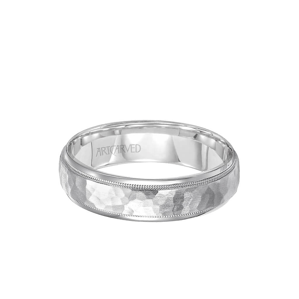 6MM Men&#39;s Wedding Band - Hammered Satin Finish and Round Edge