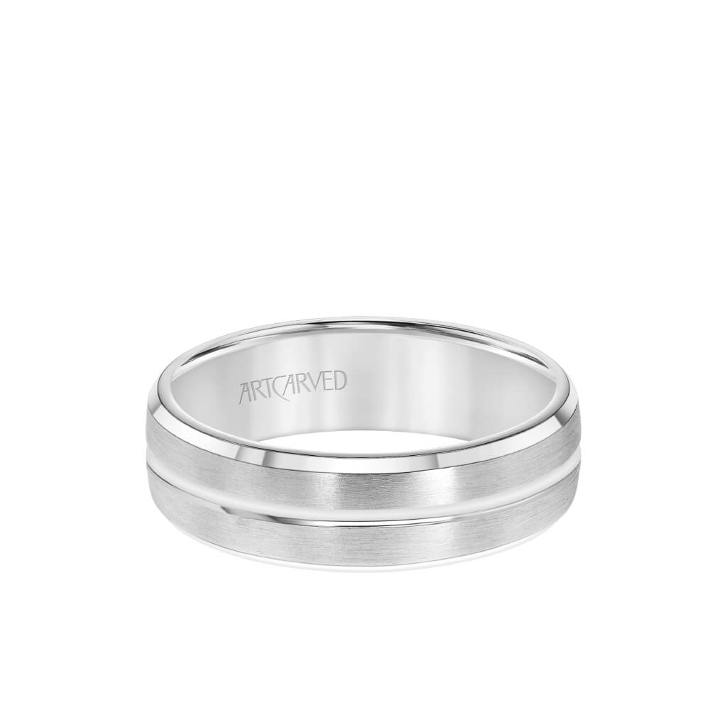 6.5MM Men&#39;s Wedding Band - Brush Finish with Polished Center Line and Bevel Edge