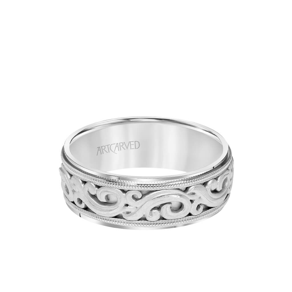 7.5MM Men&#39;s Wedding Band - Intricated Engraved Open Scroll Design with Milgrain and Flat Edge