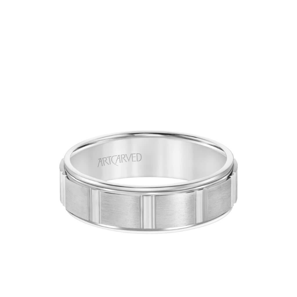 6.5MM Men&#39;s Wedding Band - Brush Finish with Geometric Design and Round Edge