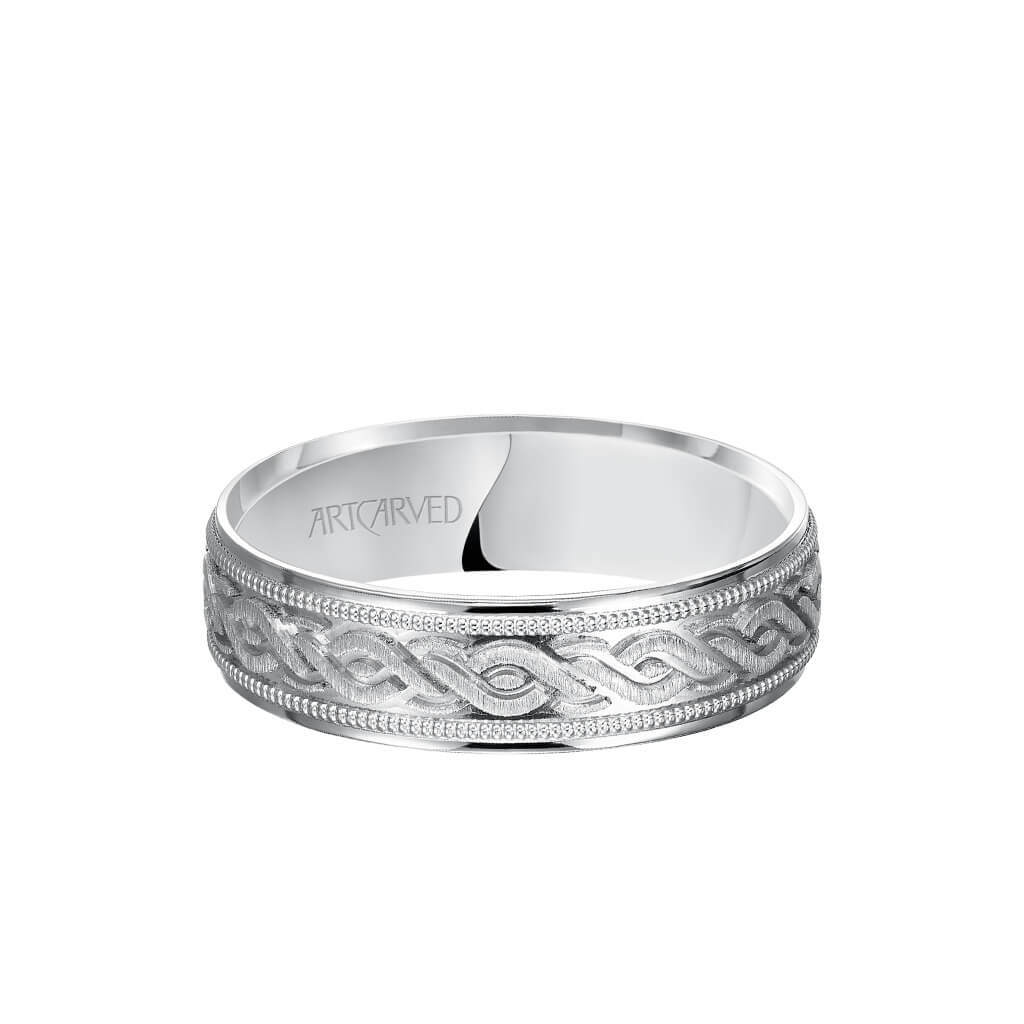 6MM Men&#39;s Wedding Band - Engraved Center with Milgrain Detail and Flat Edge