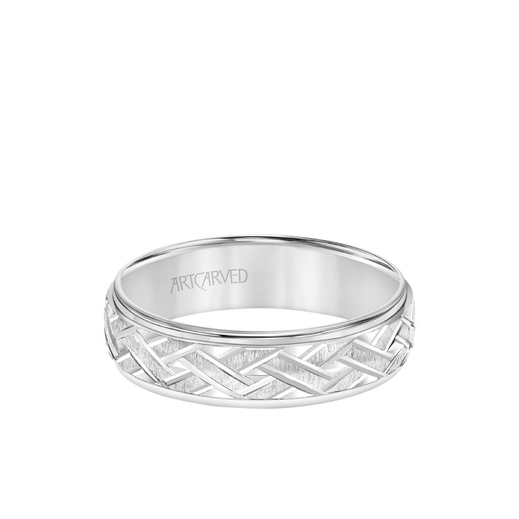 6MM Men&#39;s Classic Wedding Band - Criss-Cross Swiss Cut Engraved Design and Step Edge