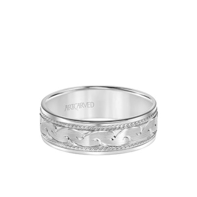 7MM Men's Wedding Band - Engraved Design with Rope Detailing and Flat Edge