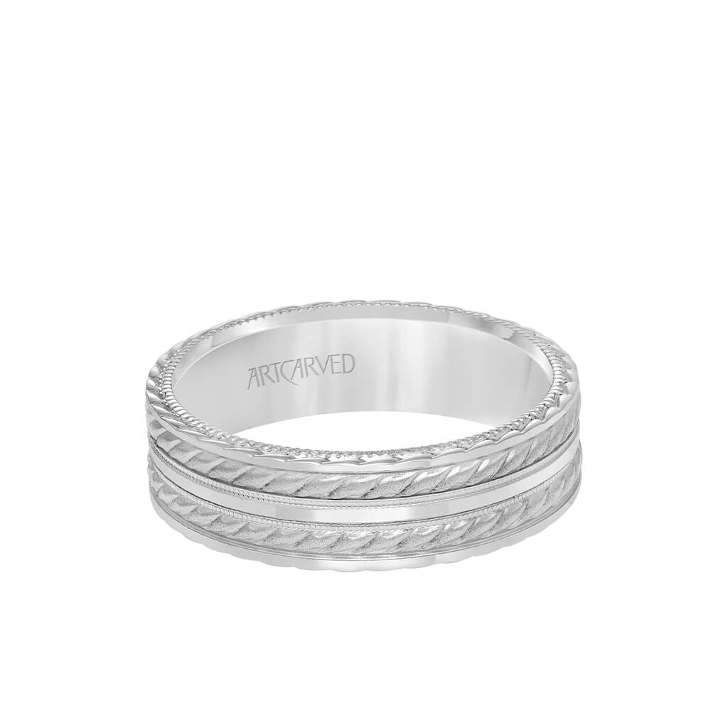 6.5MM Men&#39;s Wedding Band - Soft Sand and Bright Finish Flat Edge, rope and Milgraining treatment on top and sides