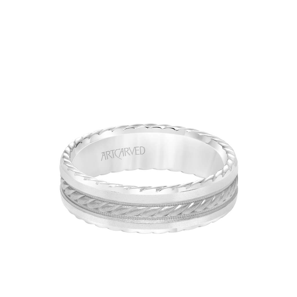 6.5MM Men&#39;s Wedding Band - Soft Sand Finish with Rope Center, and Bevel Edge with Side Rope Detail