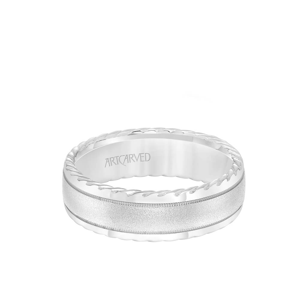 7MM Men&#39;s Wedding Band - Soft Sand Finish and Round Edge with Rope Detail and Milgrain Accents