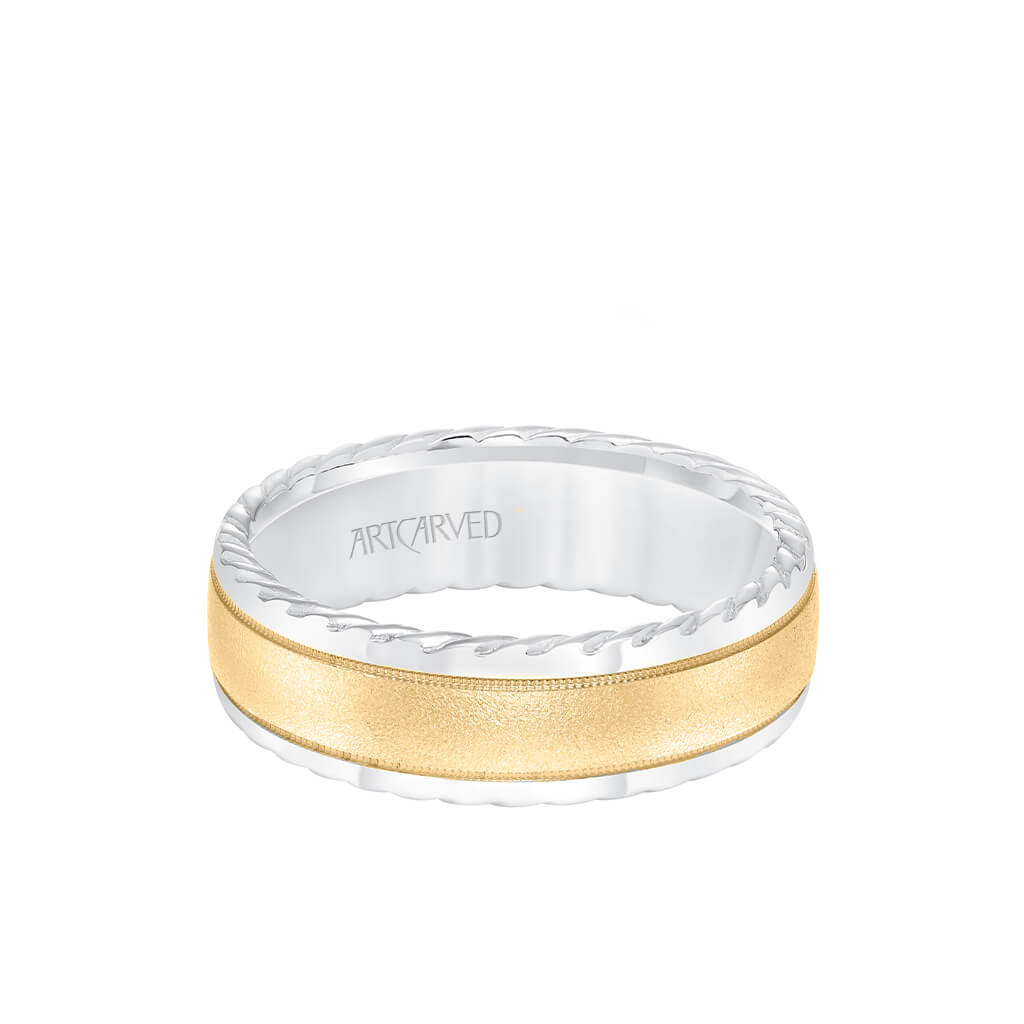 7MM Men's Wedding Band - Soft Sand Finish and Round Edge with Rope Detail and Milgrain Accents