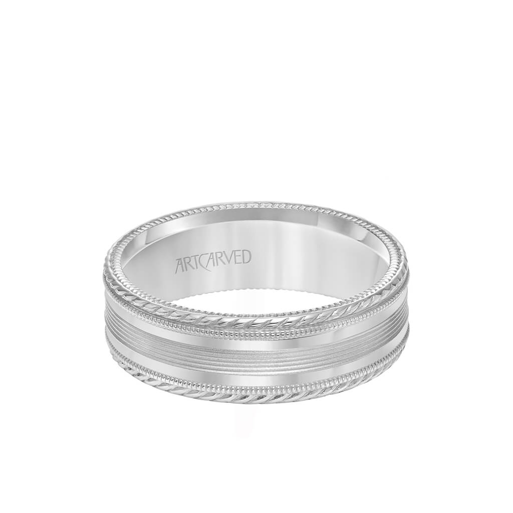 7MM Men&#39;s Wedding Band - Bright Brush Finish with Milgrain Accents and Serrated and Rope Edge