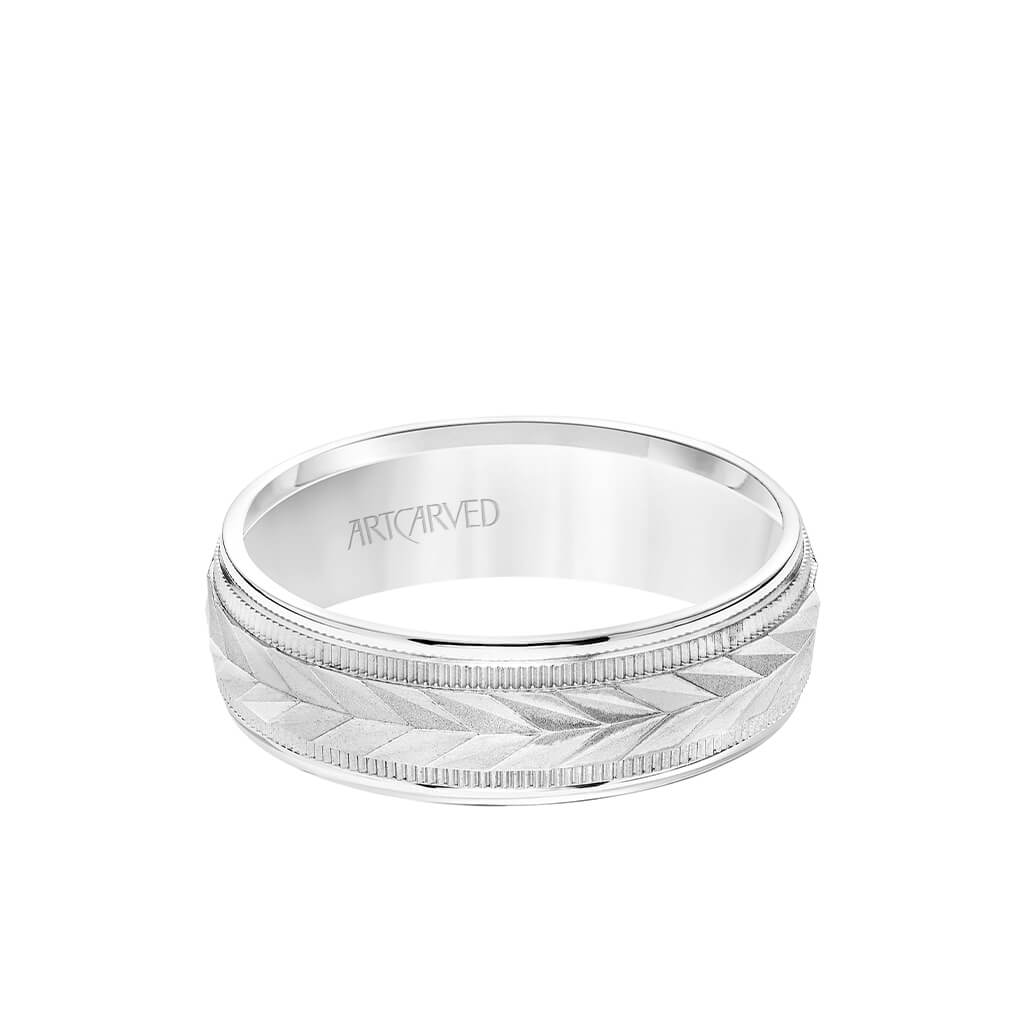 6.5MM Men&#39;s Wedding Band - Wheat Motif with Coin Edge Accents and Round Edge