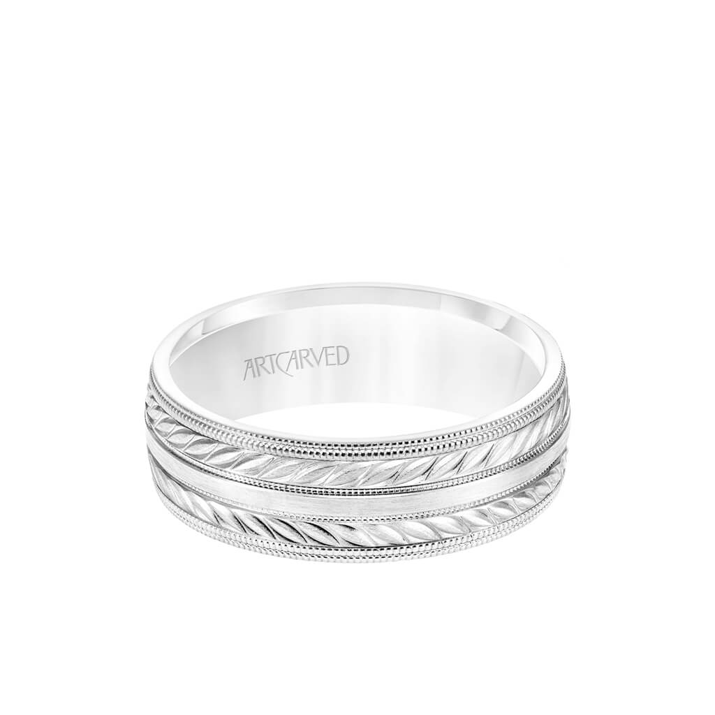 7MM Men&#39;s Wedding Band - Wheat Mofif with Milgrain Accents and Milgrain Edge