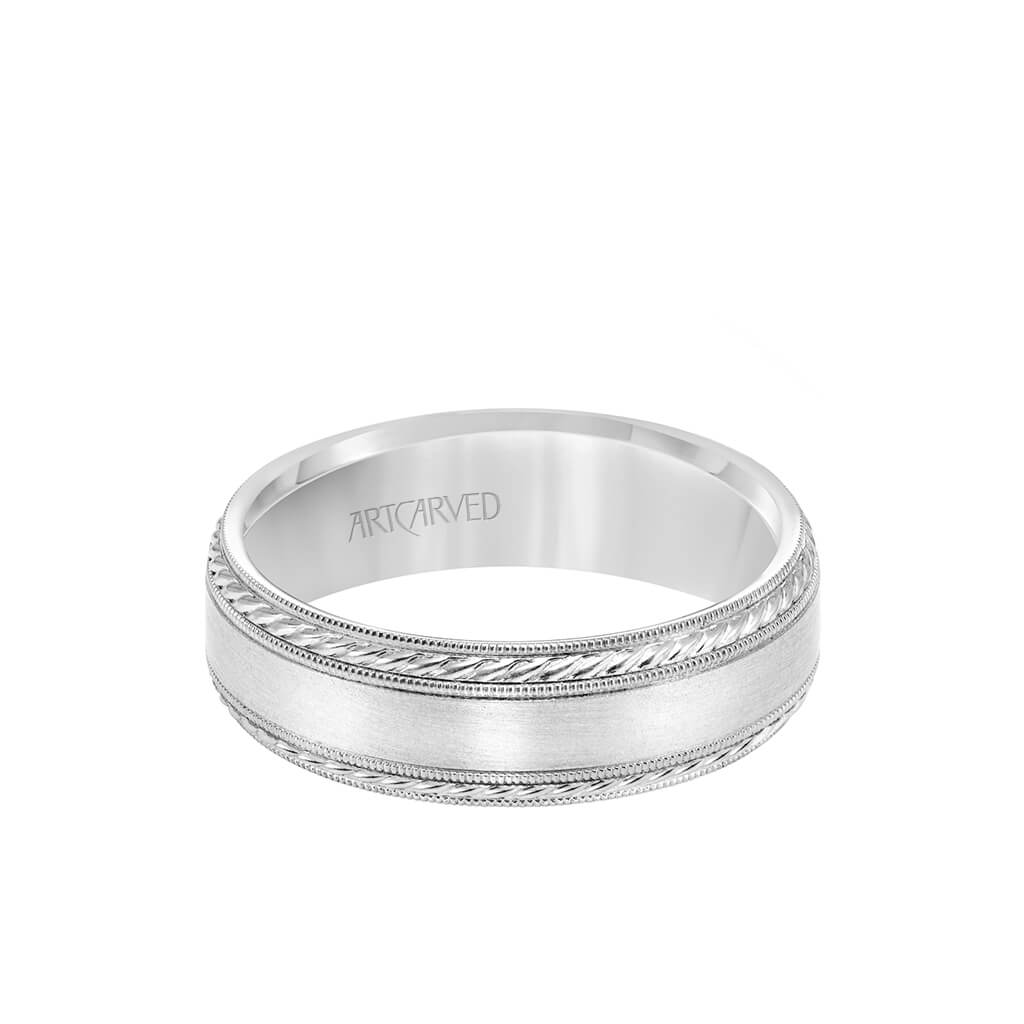 6.5MM Men&#39;s Wedding Band - Satin Finish with Rope and Milgrain Accents and Milgrain Edge