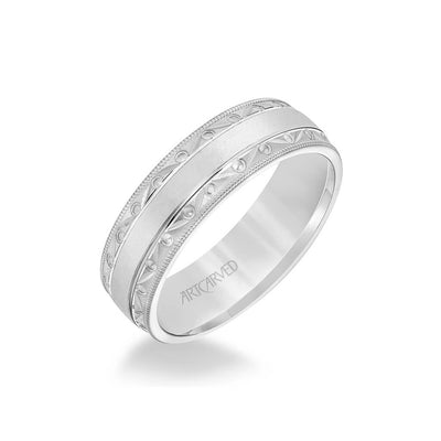 6.5MM Men's Wedding Band - Wire Emery Finish with Textured Vintage Design and Milgrain Bevel Edge