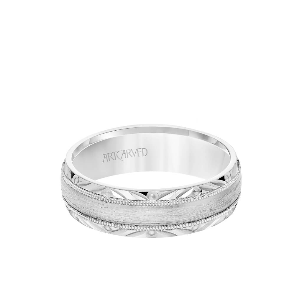 6.5MM Men&#39;s Wedding Band - Wire Emery Finish with Textured Vintage Design and Milgrain Bevel Edge