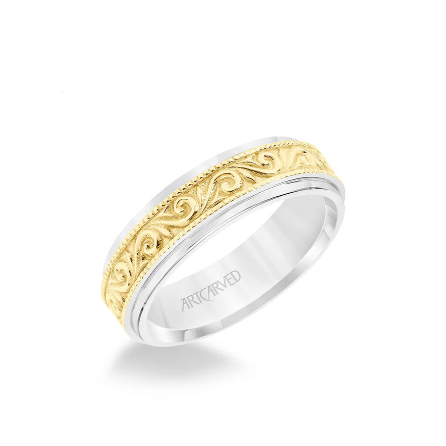 6.5MM Men's Wedding Band - Engraved Paisley Design with Milgrain Detail and Round Edge