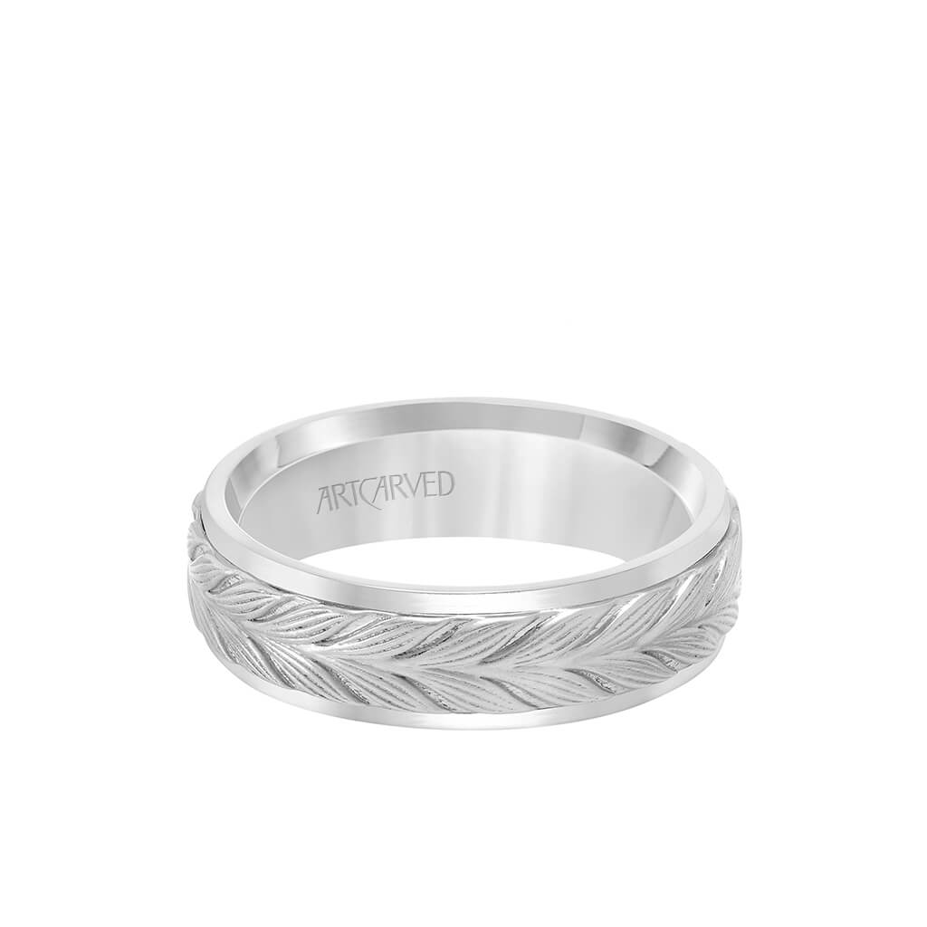 6.5MM Men&#39;s Wedding Band - Textured Leaf Design with Round Edge