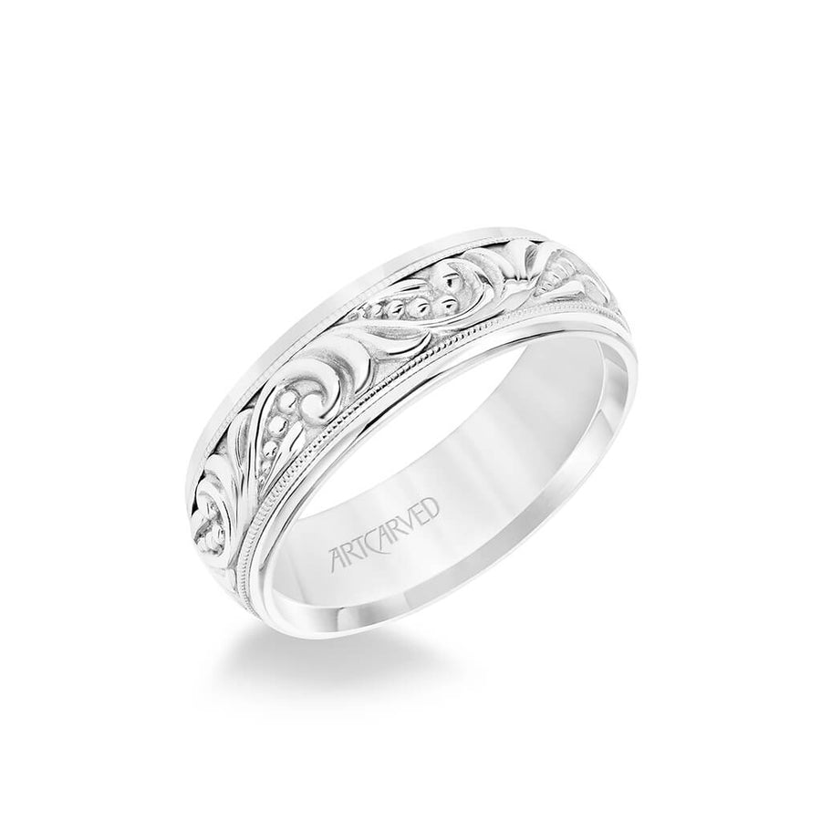 7MM Men's Wedding Band - Engraved Paisley Design with Milgrain Detail and Round Edge