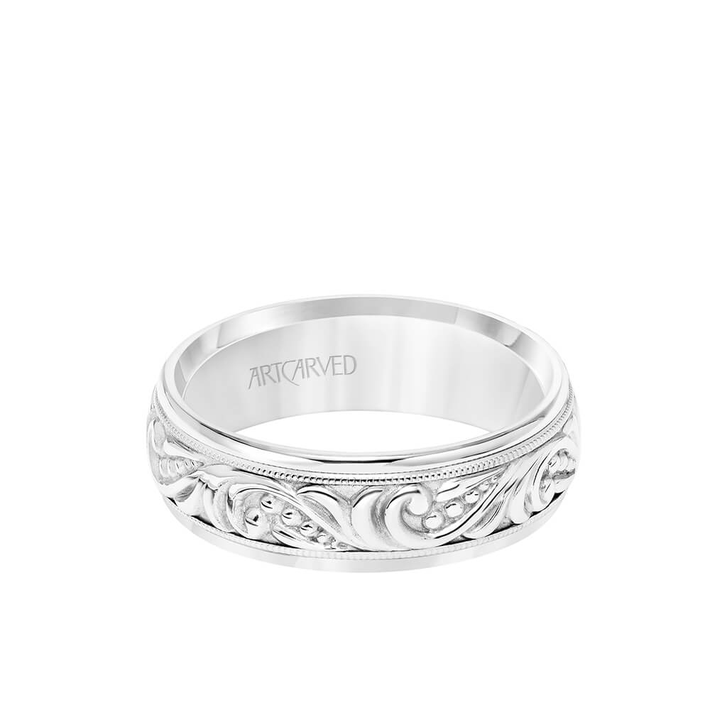 7MM Men&#39;s Wedding Band - Engraved Paisley Design with Milgrain Detail and Round Edge