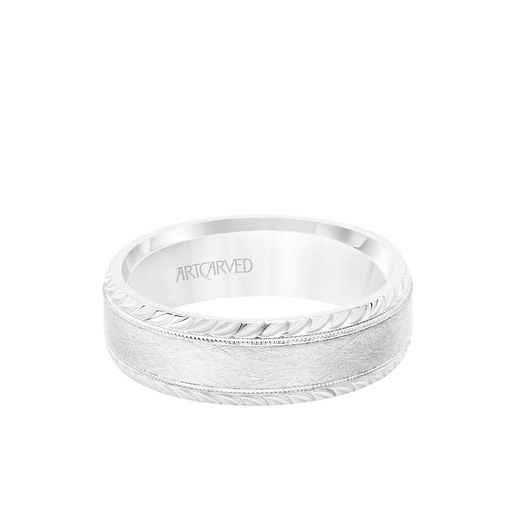 7MM Men&#39;s Wedding Band - Cyrstalline Finish with Milgrain and Leaf Design Bevel Edge