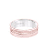 6.5MM Men's Wedding Band - White Gold Bright Soft Sand Finish with Milgrain Center with Rose Gold Interior and Flat Edge