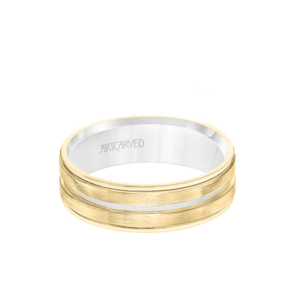 6.5MM Men&#39;s Wedding Band - White Gold Brush Finish with Rose Gold Cut Center with Rose Gold Interior and Round Edge