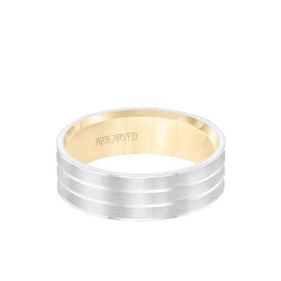 6.5MM Men's Wedding Band - Brush Finish with Polished Cuts with Yellow Gold Interior and Flat Edge