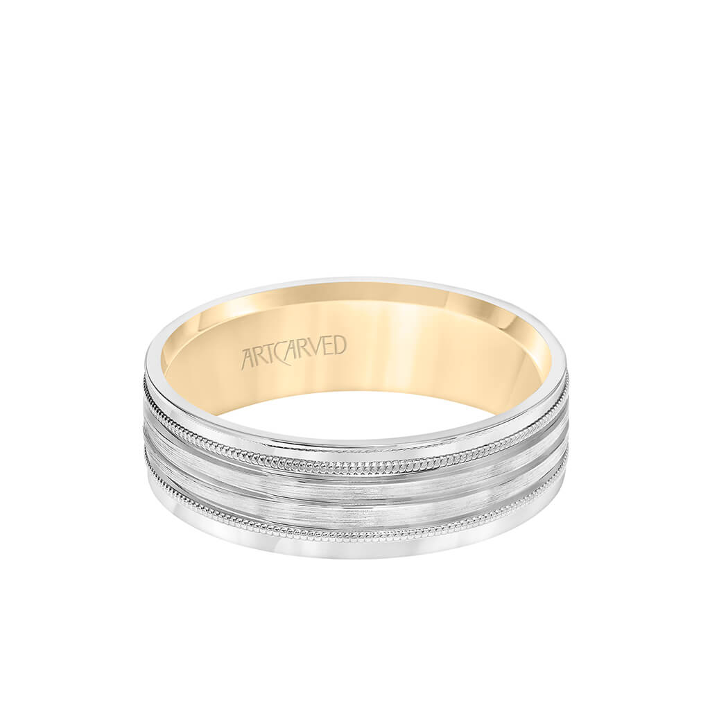 6MM Men&#39;s Wedding Band - Brush Finish with Polished Cuts and Milgrain Accents with Yellow Gold Interior and Flat Edge