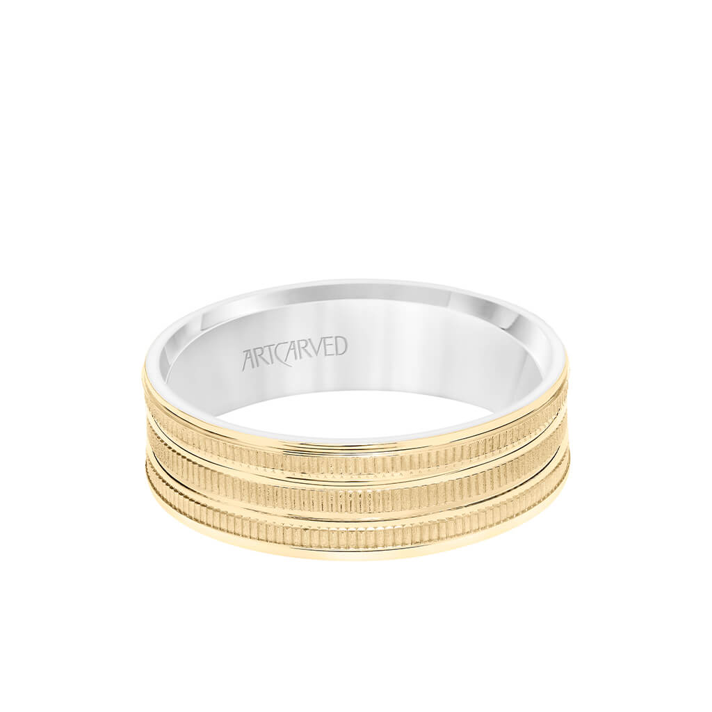 6.5MM Men&#39;s Wedding Band - Yellow Gold Coin Finish with Flat Cuts with White Gold Interior and Flat Edge