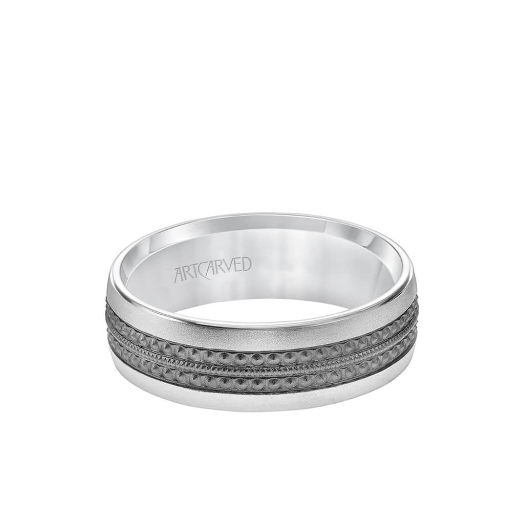 7MM Men&#39;s Wedding Band - Matte Finish with Textured Black Rhodium with Milgrain Accents and Flat Edge