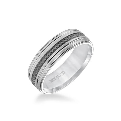 7MM Men's Wedding Band - Brush Finish with Textured Black Rhodium with Polished Lines and Round Edge