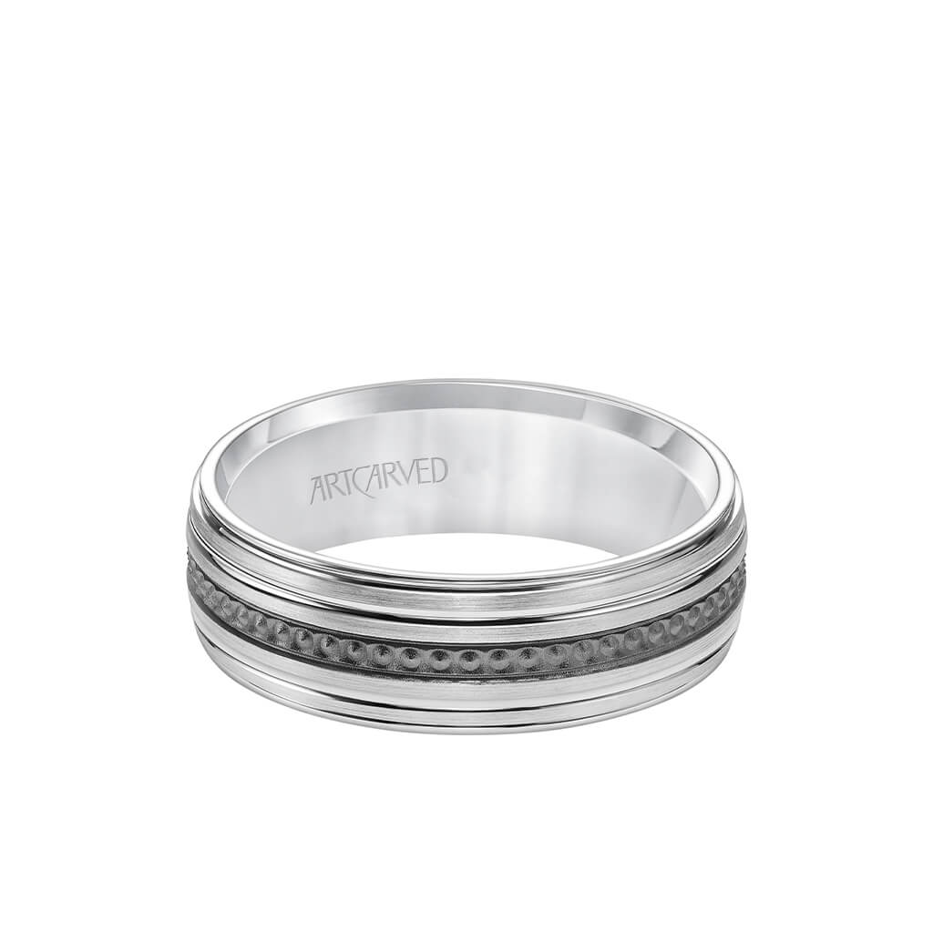 7MM Men&#39;s Wedding Band - Brush Finish with Textured Black Rhodium with Polished Lines and Round Edge