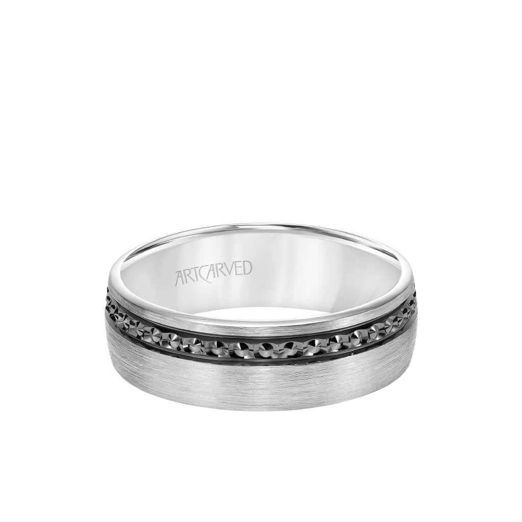 7MM Men&#39;s Wedding Band - Satin Soft Sand Finish with Textured Black Rhodium and Flat Edge