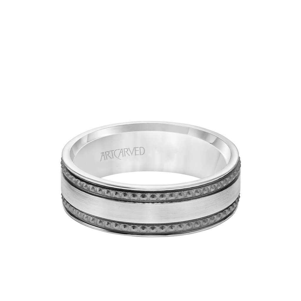 7MM Men&#39;s Wedding Band - Satin Soft Sand Finished with Textured Black Rhodium and Flat Edge