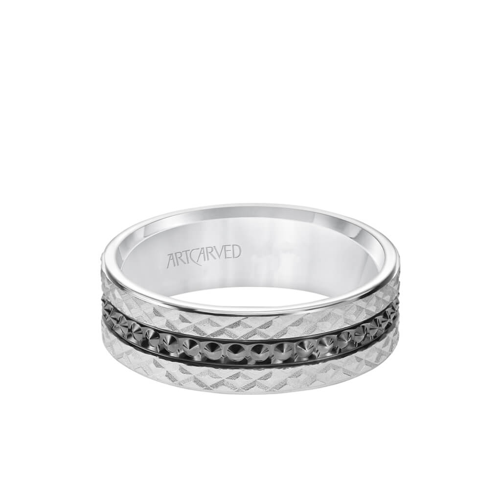 7MM Men&#39;s Wedding Band - Criss Cross Satin Soft Sand Engraved Design with Textured Black Rhodium and Flat Edge