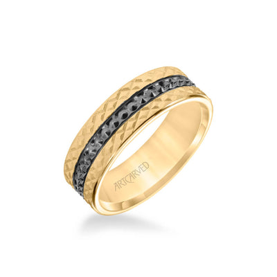 7MM Men's Wedding Band - Criss Cross Satin Soft Sand Engraved Design with Textured Black Rhodium and Flat Edge