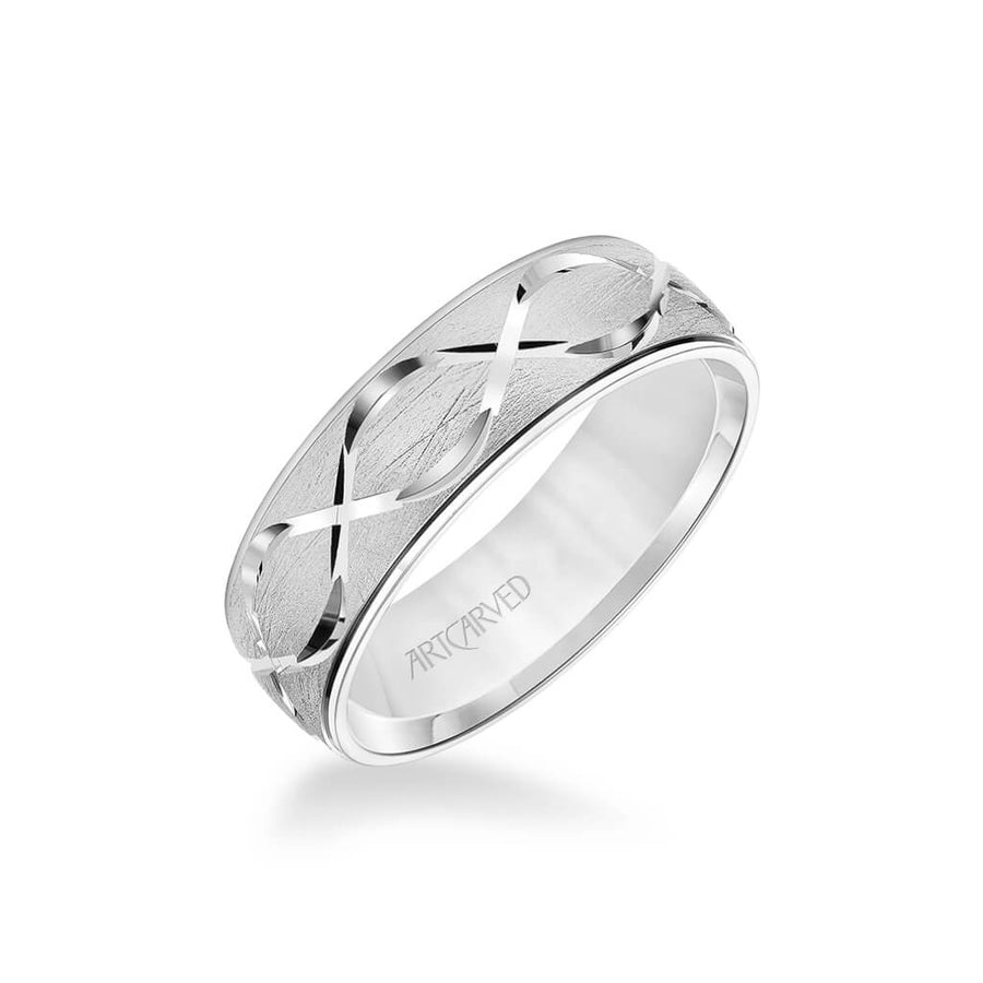 6.5MM Men's Wedding Band - Chyrstalline Finish with Swiss Cut Infinity Design and Round Edge