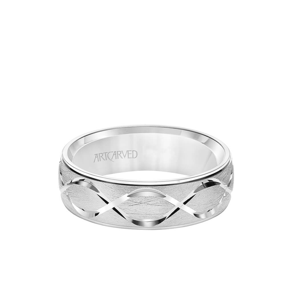 6.5MM Men&#39;s Wedding Band - Chyrstalline Finish with Swiss Cut Infinity Design and Round Edge