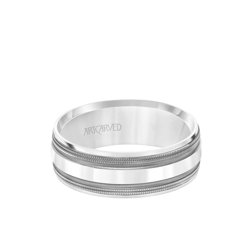 7.5MM Men&#39;s Wedding Band - Brush Matte Finish with Black Rhodium and Bevel Edge