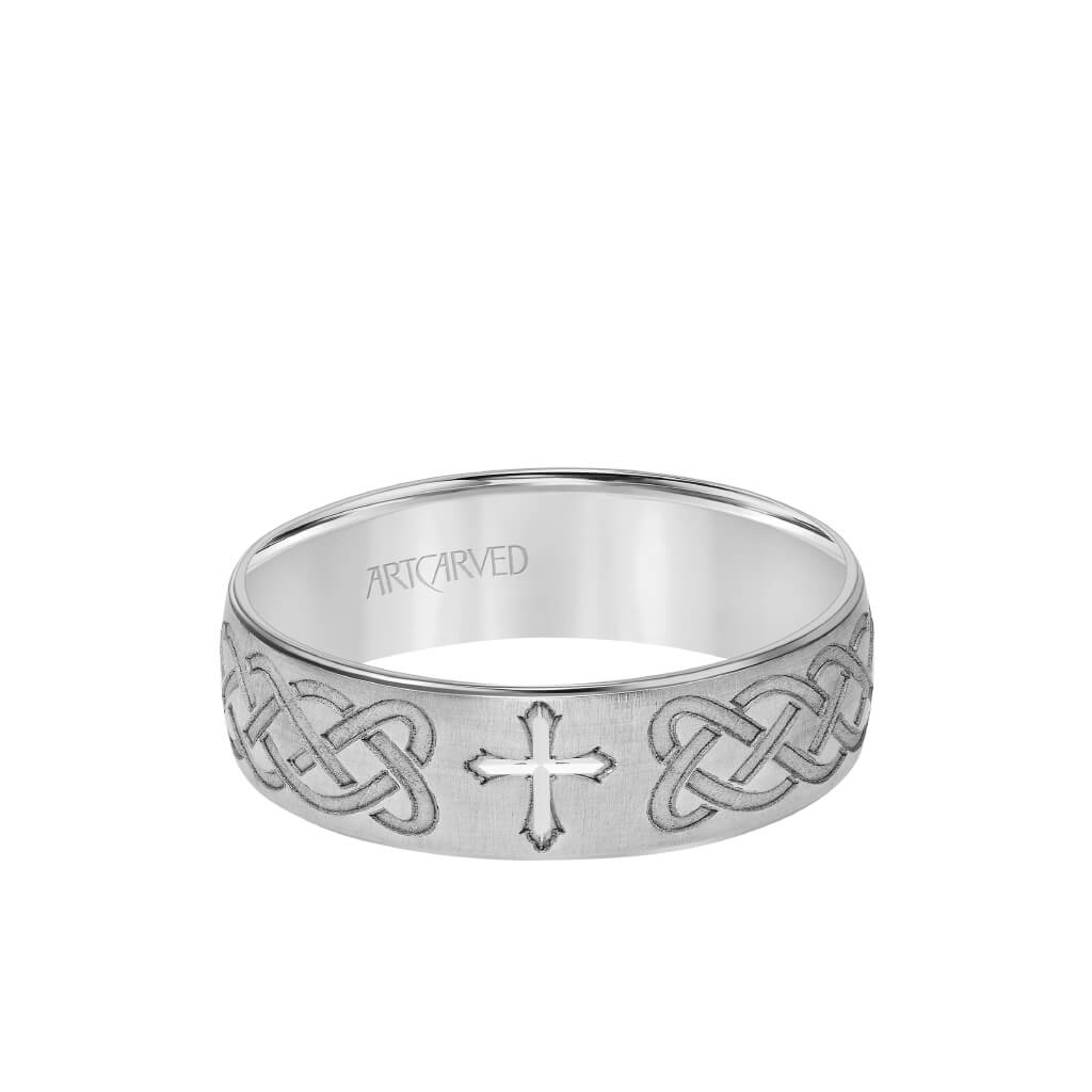 6.5MM Men&#39;s Wedding Band - Brush Finish with Cross and Infinity Design Center