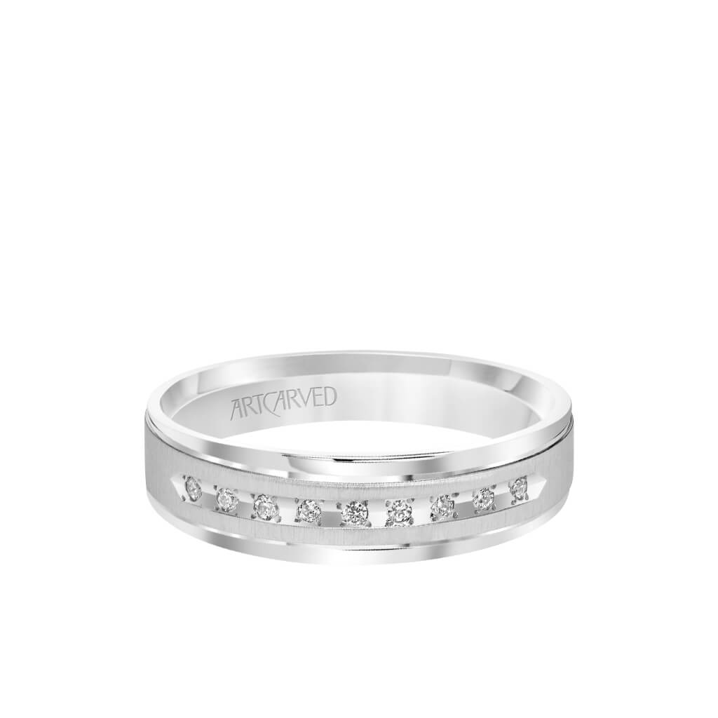 6MM Men&#39;s Classic Nine Stone Diamond Wedding Band - Vertical Brush Finish and Rolled Edge