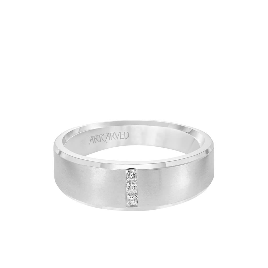 7MM Men&#39;s Contemporary Three Stone Diamond Wedding Band - Brush Finish and Step Edge