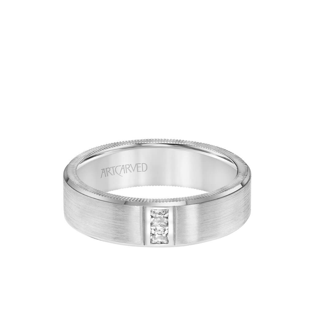 6MM Men&#39;s Contemporary Two Stone Diamond Wedding Band -  Satin Finish and Bevel, Coin Edge