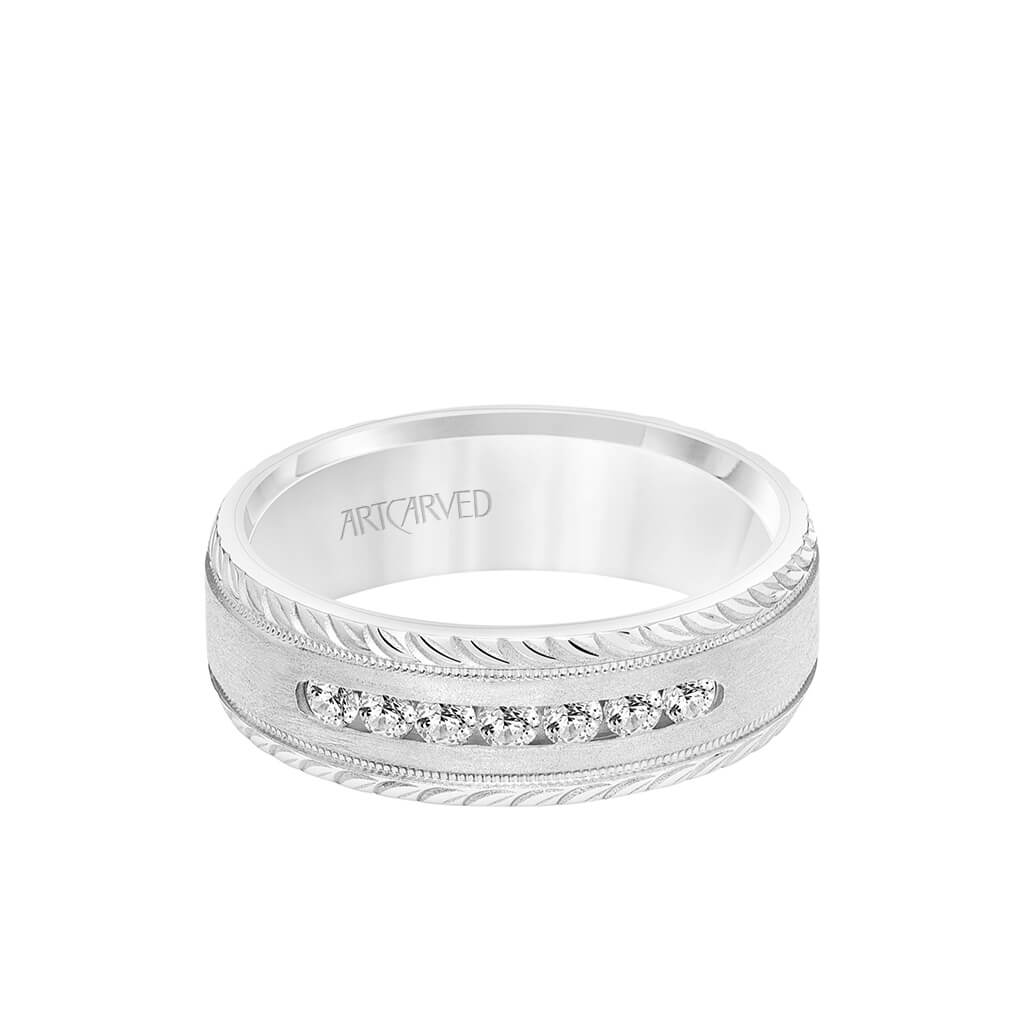 7MM Men&#39;s Seven Stone Diamond Wedding Band - Crystalline Finish with Milgrain and Leaf Design Bevel Edge