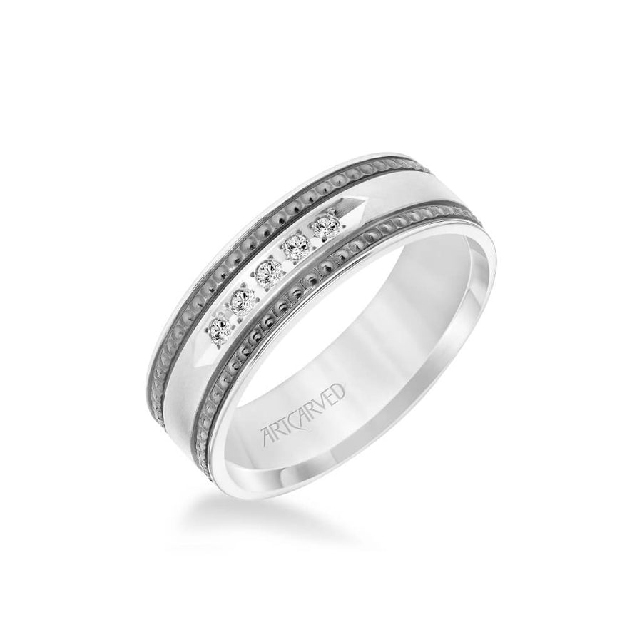 7MM Shades of Grey Collection Five Stone Diamond Wedding Band - Textured Black Rhodium Detail and Flat Edge