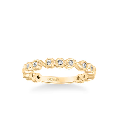 Stackable Band with Bezel Set Diamonds, Scroll Design and Milgrain Accents